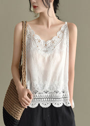 Handmade Solid White Lace Patchwork Cotton Spaghetti Strap Tops Summer