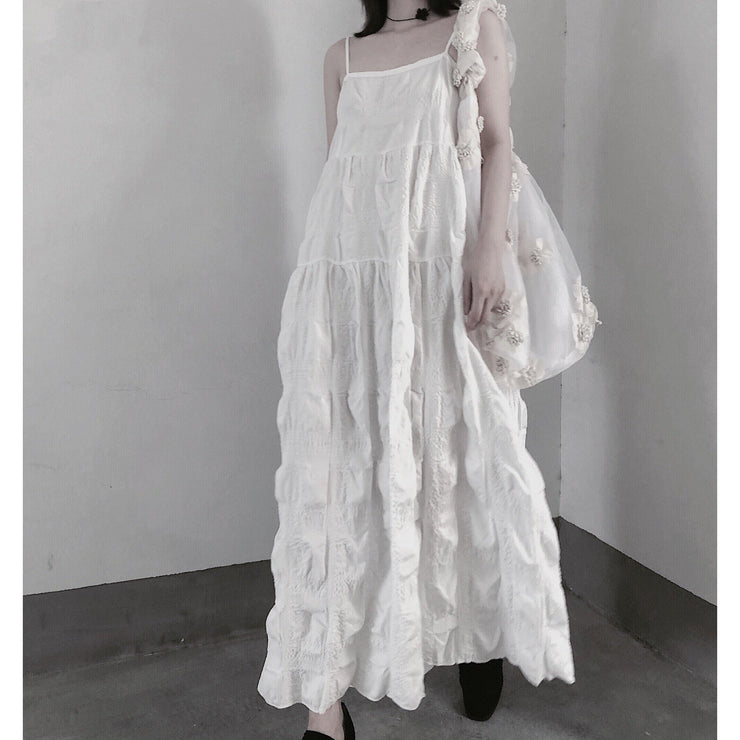 Handmade Spaghetti Strap Wrinkled Dresses Fabrics White Art Dress - bagstylebliss