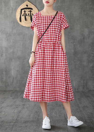 Handmade Square Collar patchwork cotton linen clothes For Women Shape red plaid Dress summer - bagstylebliss