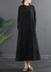 Handmade Stand Collar Quilting Dresses Shape Black Jacquard Traveling Dress - bagstylebliss
