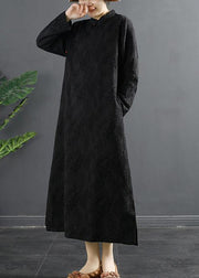Handmade Stand Collar Quilting Dresses Shape Black Jacquard Traveling Dress - bagstylebliss