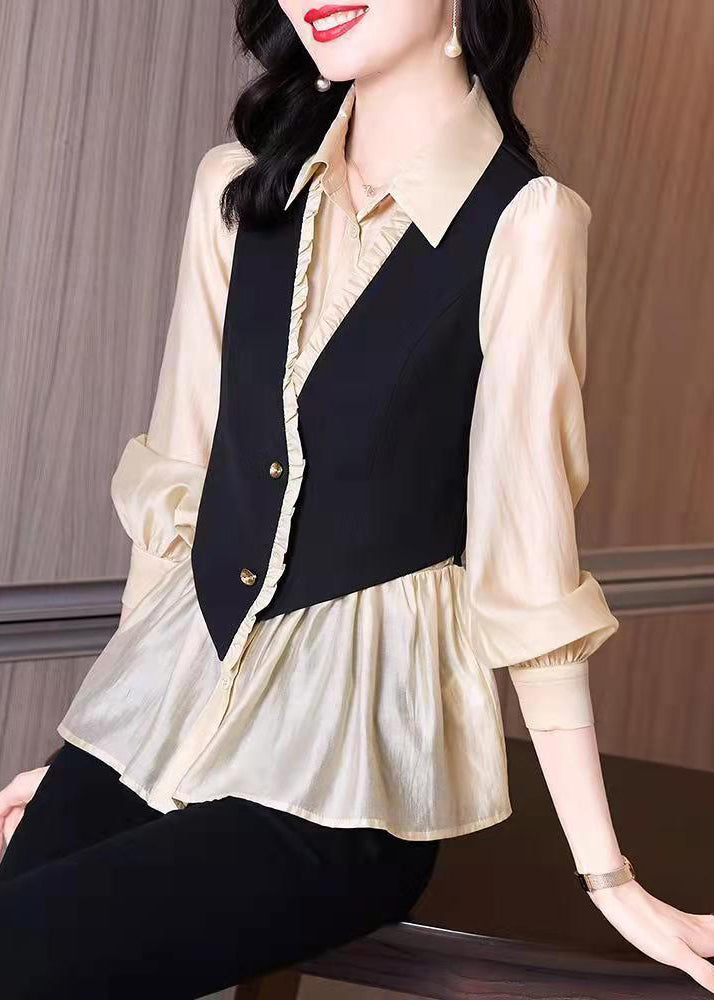 Handmade Stand Collar Ruffled Fake two piece Chiffon Shirts Long Sleeve