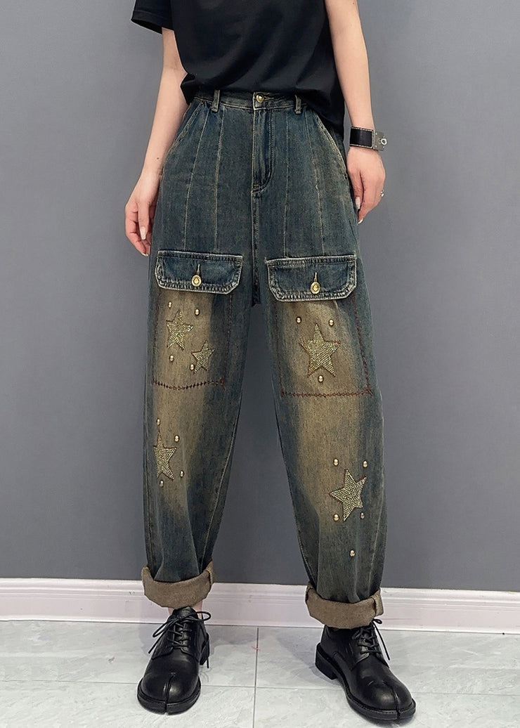 Handmade Star Zircon Pockets High Waist Patchwork Jeans Fall