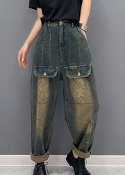 Handmade Star Zircon Pockets High Waist Patchwork Jeans Fall