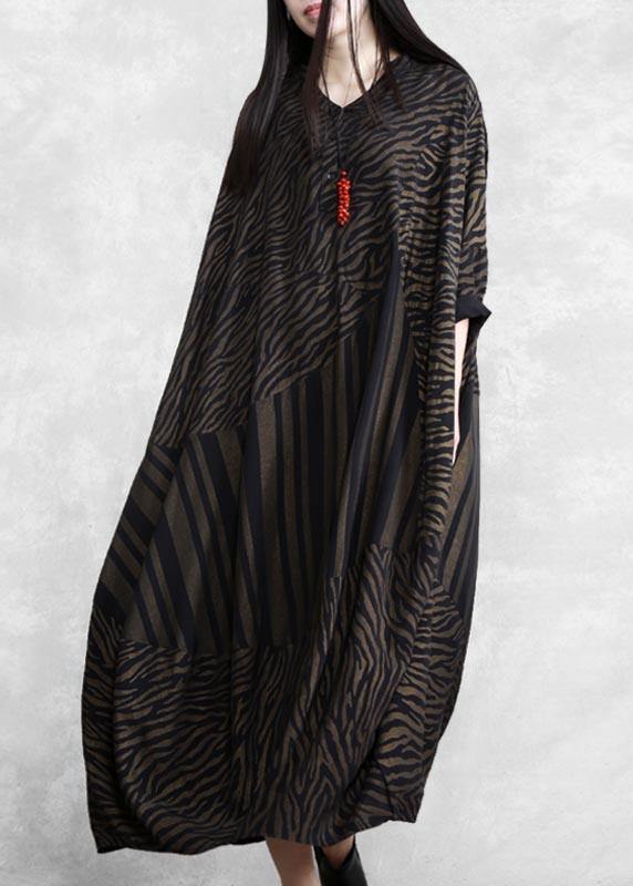 Handmade V Neck Asymmetric Spring Clothes Work Chocolate Striped Robe Dress - bagstylebliss
