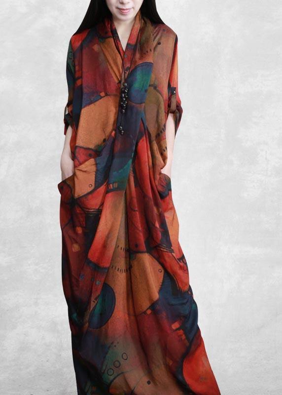Handmade V Neck SpringC lothes Women Tutorials Print Robes Dress - bagstylebliss
