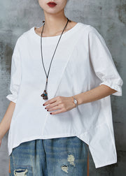 Handmade White Asymmetrical Patchwork Cotton Top Half Sleeve