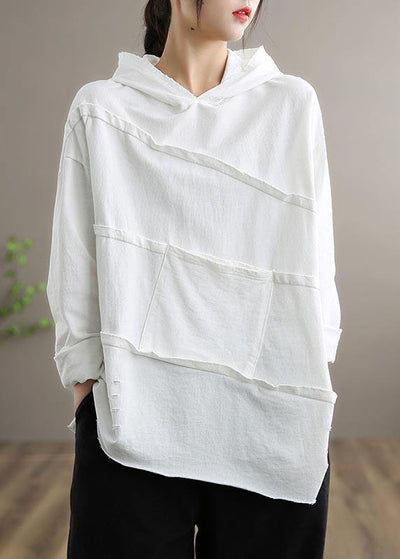 Handmade White Blouses For Women Hooded Patchwork Daily Spring Tops - bagstylebliss