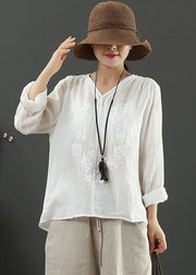 Handmade White Embroidery Shirts V Neck Box Spring Shirts - bagstylebliss