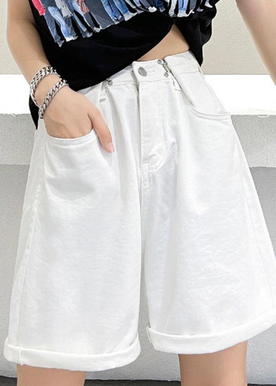 Handmade White High Waist Denim Wide Leg hot pants Summer - bagstylebliss