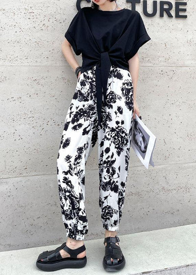 Handmade White High Waist Summer Cotton Print Pants - bagstylebliss