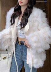 Handmade White Notched Patchwork Tie Waist Mink Hair Knitted Coat Winter