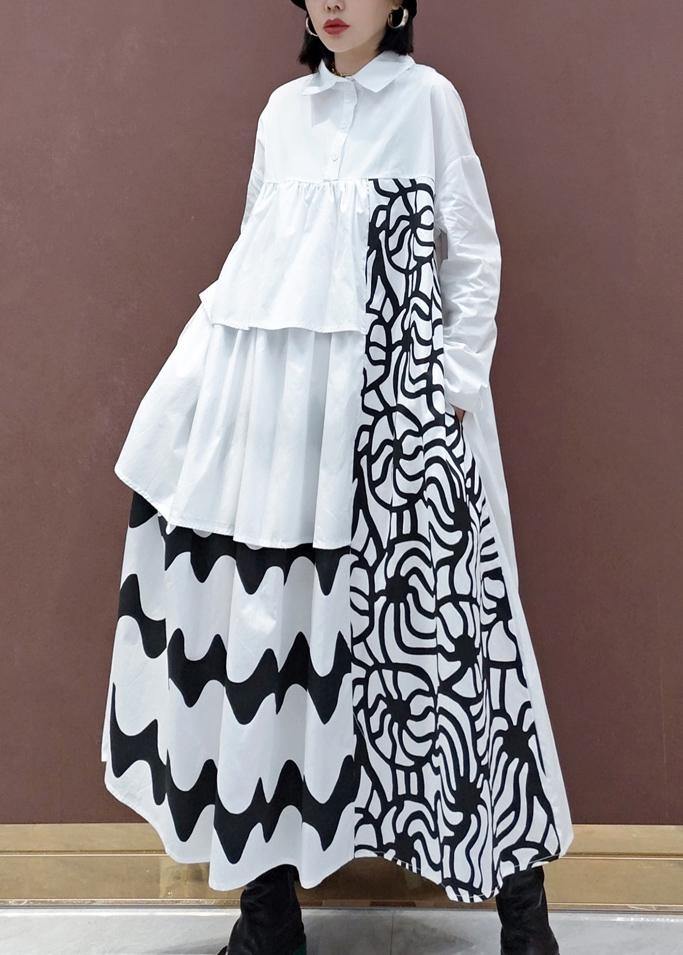 Handmade White Print Quilting Clothes Lapel Asymmetric Loose Spring Dresses - bagstylebliss