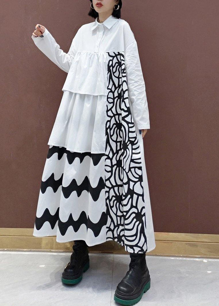 Handmade White Print Quilting Clothes Lapel Asymmetric Loose Spring Dresses - bagstylebliss