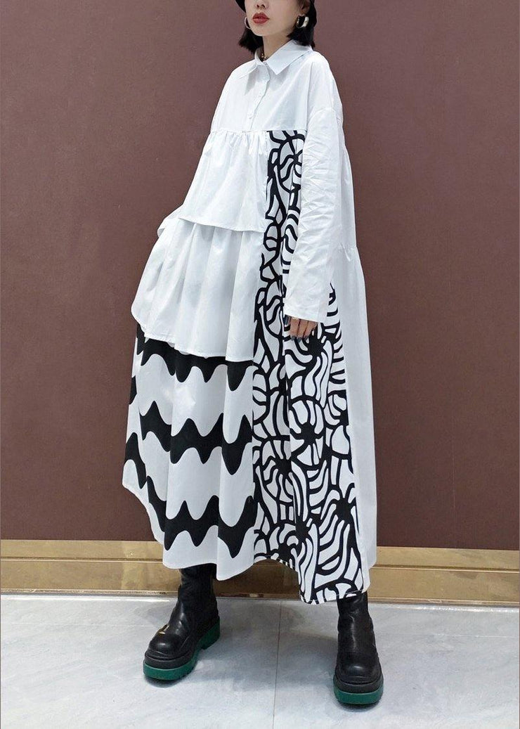 Handmade White Print Quilting Clothes Lapel Asymmetric Loose Spring Dresses - bagstylebliss