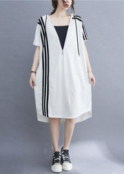 Handmade White hooded zippered Cotton Summer Mid Dress - bagstylebliss