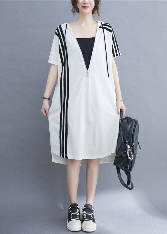 Handmade White hooded zippered Cotton Summer Mid Dress - bagstylebliss