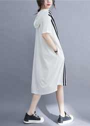 Handmade White hooded zippered Cotton Summer Mid Dress - bagstylebliss