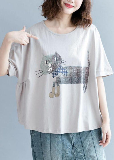 Handmade Women Plus Size Gray Short Sleeve cotton shirts Animal Round Neck Blouse - bagstylebliss