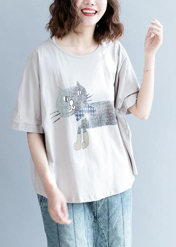 Handmade Women Plus Size Gray Short Sleeve cotton shirts Animal Round Neck Blouse - bagstylebliss