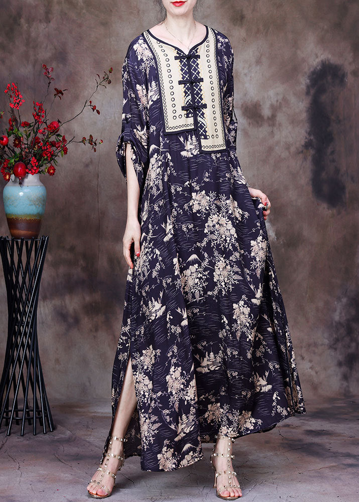 Handmade Yellow Print V Neck Side Open Oriental Button Chiffon Vacation Dresses Summer