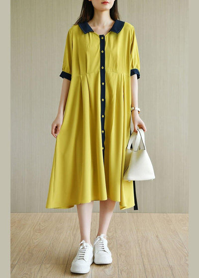 Handmade Yellow Square Collar Button Summer Chiffon Dresses Half Sleeve - bagstylebliss