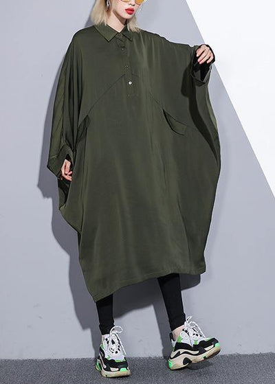 Handmade arm green cotton clothes batwing sleeve A Line summer Dress - bagstylebliss