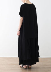 Handmade asymmetric tops and wide leg pants cotton 18th Century design black loose Summer - bagstylebliss