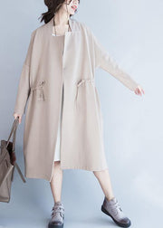 Handmade beige Fashion tunic coats design Notched drawstring fall women coats - bagstylebliss