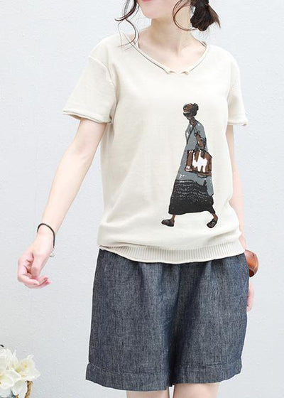 Handmade beige v neck cotton clothes For Women tunic Cartoon print shirt - bagstylebliss