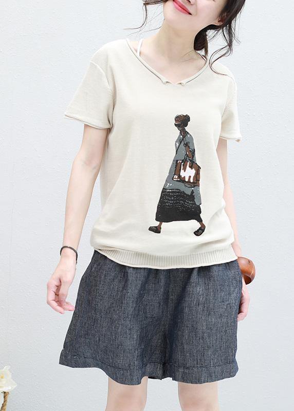 Handmade beige v neck cotton clothes For Women tunic Cartoon print shirt - bagstylebliss