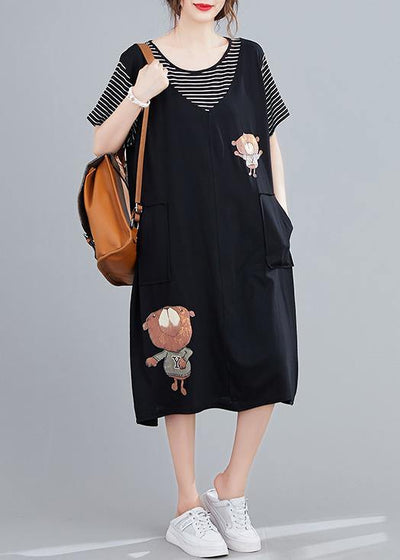 Handmade black Cartoon cotton tunics for women false two pieces Art summer Dresses - bagstylebliss