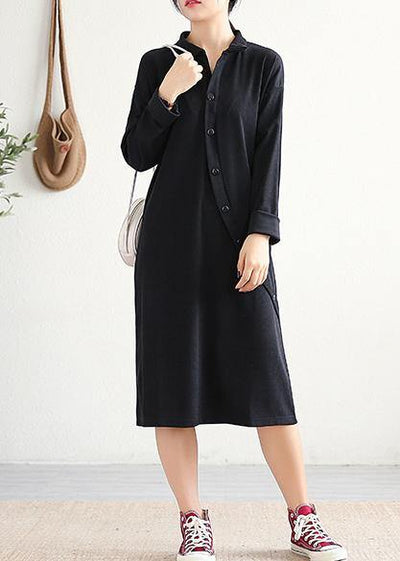 Handmade black Cotton Tunics lapel asymmetric Midi Dress - bagstylebliss