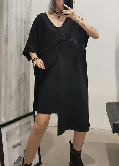 Handmade black Cotton clothes v neck Sequined tunic summer Dress - bagstylebliss