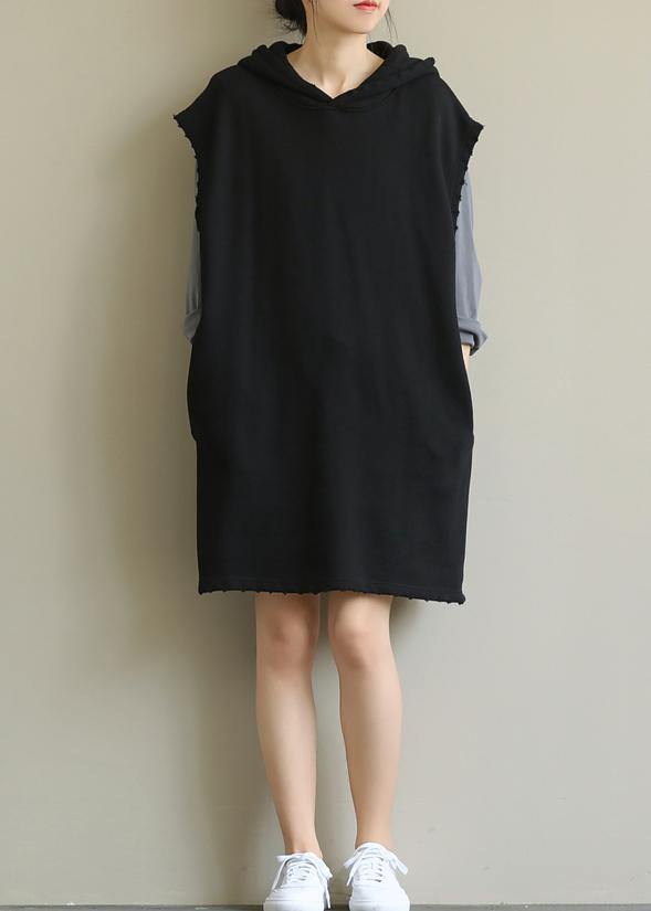 Handmade black Tunics hooded pockets Art fall Dresses - bagstylebliss