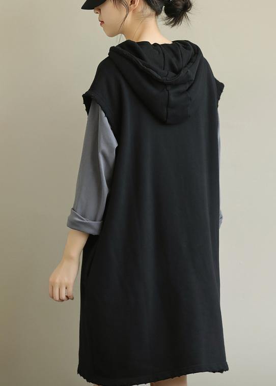 Handmade black Tunics hooded pockets Art fall Dresses - bagstylebliss