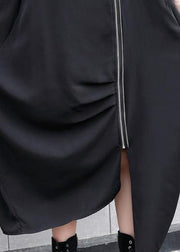 Handmade black asymmetric cotton Long Shirts zippered long summer Dress - bagstylebliss