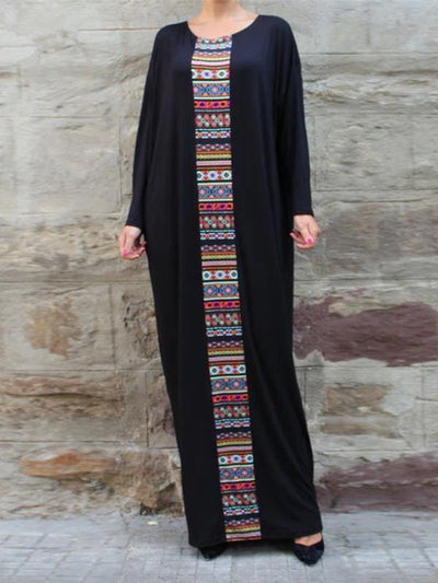 Handmade black cotton Tunics patchwork o neck Robe Dresses - bagstylebliss
