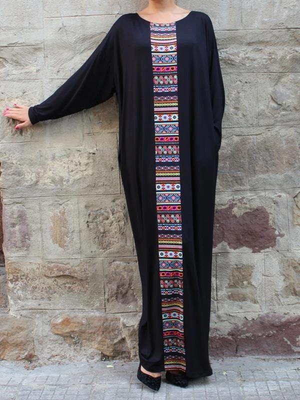 Handmade black cotton Tunics patchwork o neck Robe Dresses - bagstylebliss