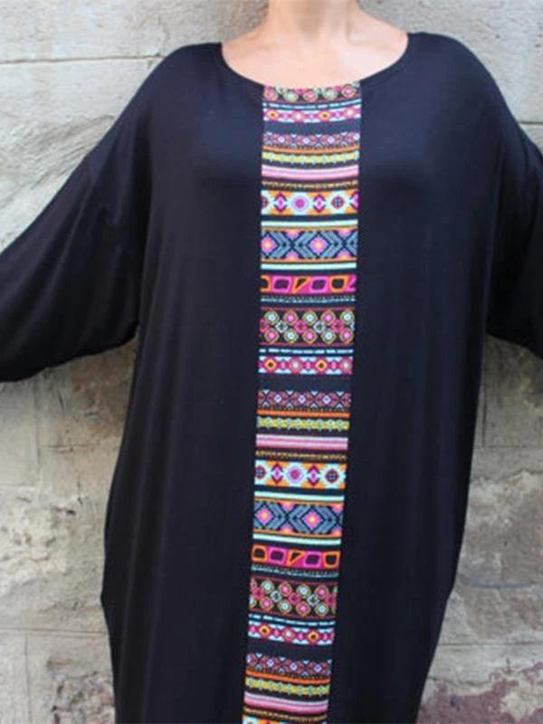 Handmade black cotton Tunics patchwork o neck Robe Dresses - bagstylebliss