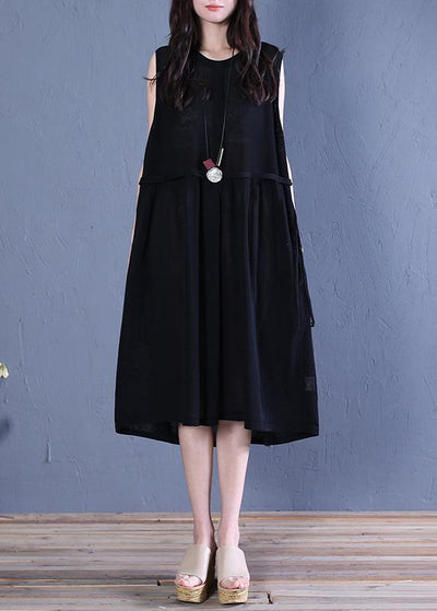 Handmade black linen clothes o neck patchwork shift summer Dresses - bagstylebliss