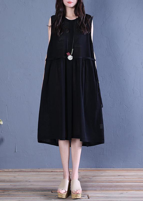 Handmade black linen clothes o neck patchwork shift summer Dresses - bagstylebliss