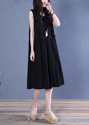 Handmade black linen clothes o neck patchwork shift summer Dresses - bagstylebliss