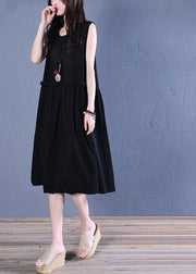 Handmade black linen clothes o neck patchwork shift summer Dresses - bagstylebliss