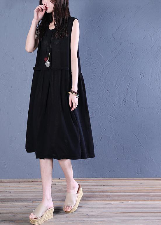 Handmade black linen clothes o neck patchwork shift summer Dresses - bagstylebliss