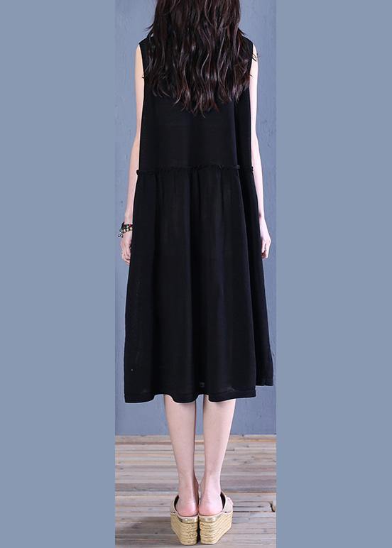 Handmade black linen clothes o neck patchwork shift summer Dresses - bagstylebliss