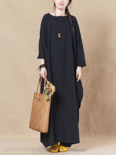 Handmade black linen cotton Wardrobes o neck asymmetric spring Dress - bagstylebliss