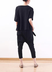 Handmade black o neck cotton tunics for women short sleeve tunic summer shirts - bagstylebliss