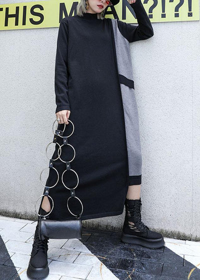 Handmade black patchwork cotton dresses asymmetric Robe fall Dresses - bagstylebliss