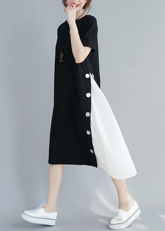 Handmade black patchwork white clothes For Women o neck A Line Dresses - bagstylebliss